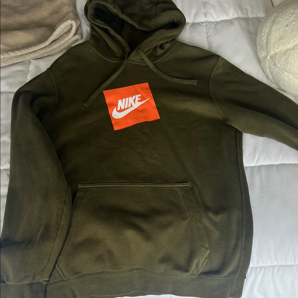 Nike Men's Dark Green Hoodie with Orange Logo
